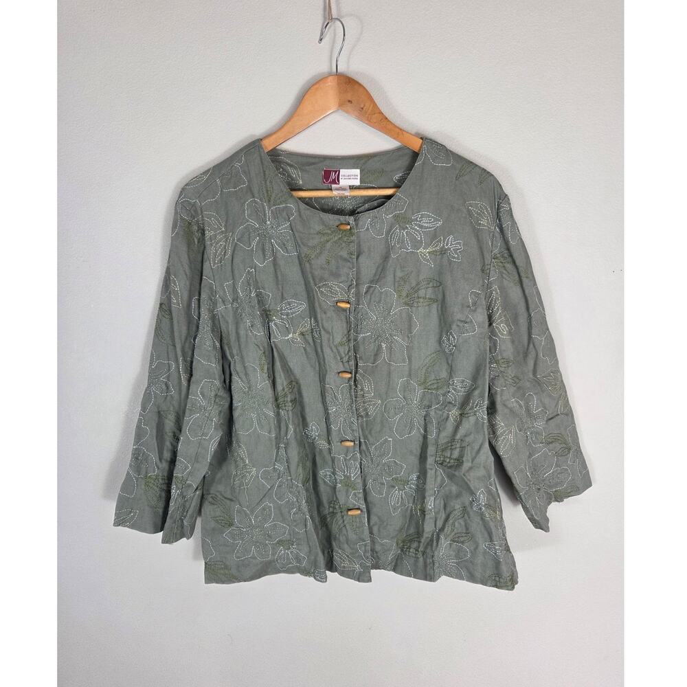 JM Collection Woman's 100% Linen Floral Embroidered 3/4 Sleeve Jacket Size 18